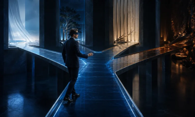 Blindfolded man choosing between four blue-lit paths representing the blind-buy risks of different Bleu de Chanel versions.