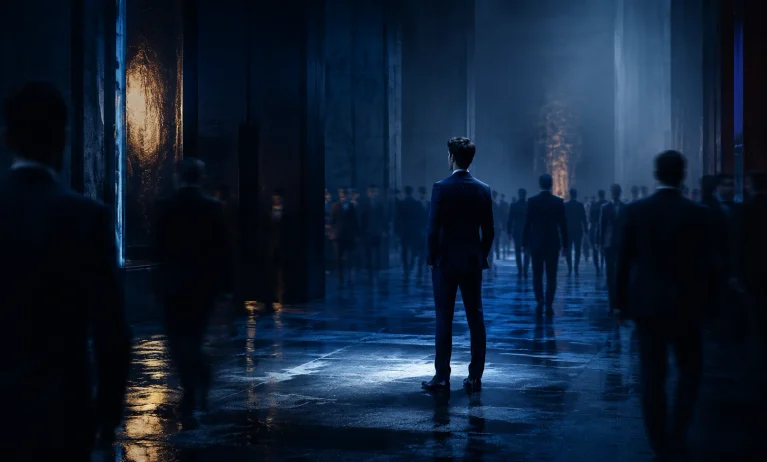 A man standing apart from a blurred crowd in a midnight-blue gallery, symbolizing whether Bleu de Chanel remains unique despite its popularity.