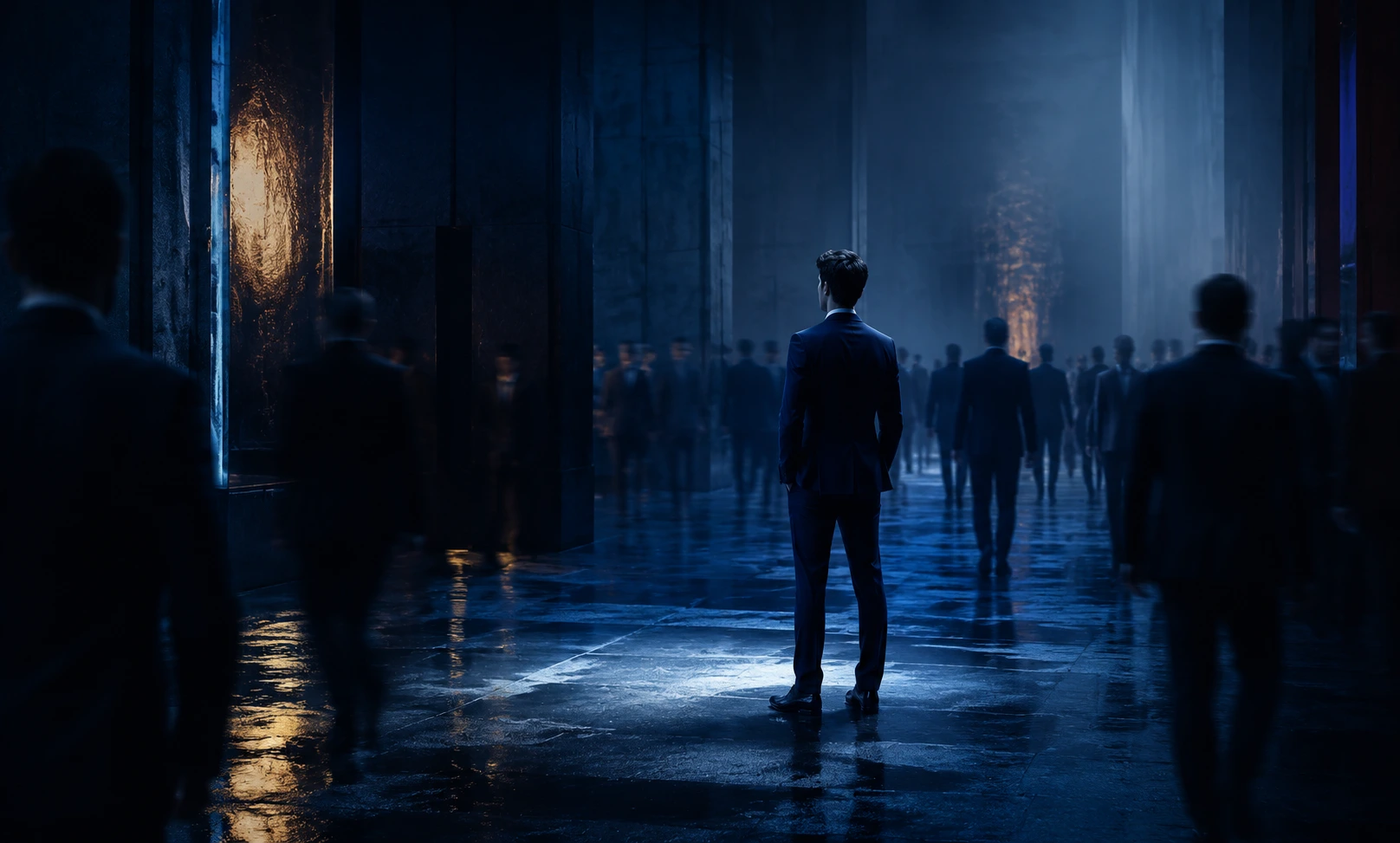 A man standing apart from a blurred crowd in a midnight-blue gallery, symbolizing whether Bleu de Chanel remains unique despite its popularity.