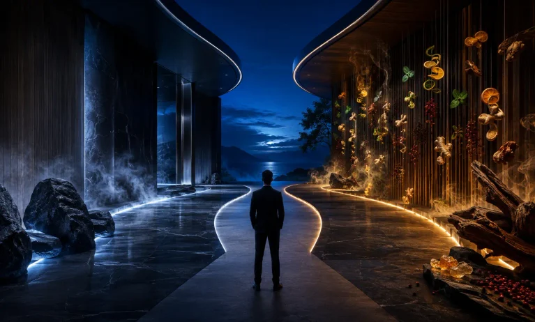 A man choosing between a cool, polished blue path and a warm citrus-spice woody path, representing Bleu de Chanel vs Al Haramain Amber Oud Bleu Edition.