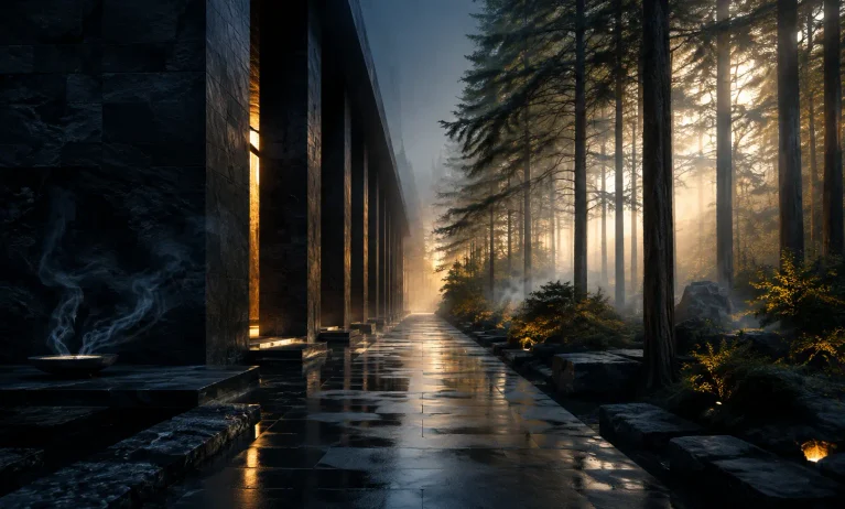 Cinematic dark stone walkway beside a sunlit cedar forest representing the refined woody contrast between Bleu de Chanel and Alexandria Bleu Memoire