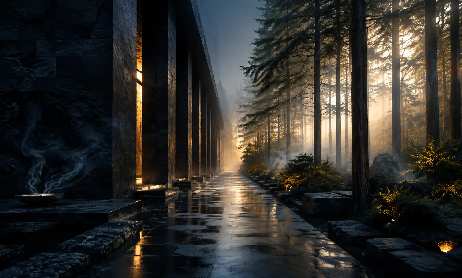 Cinematic dark stone walkway beside a sunlit cedar forest representing the refined woody contrast between Bleu de Chanel and Alexandria Bleu Memoire