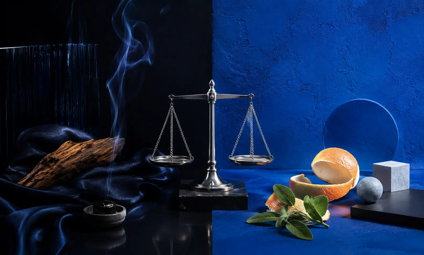 Luxury and affordable fragrance elements balanced on a scale, representing the choice between Bleu de Chanel and cheaper alternatives