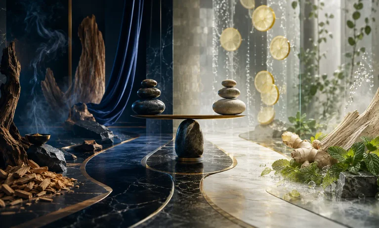 Cinematic fragrance comparison scene with dark polished woods and incense on one side, contrasted with bright lemon, ginger, peppermint, and fresh woods on the other