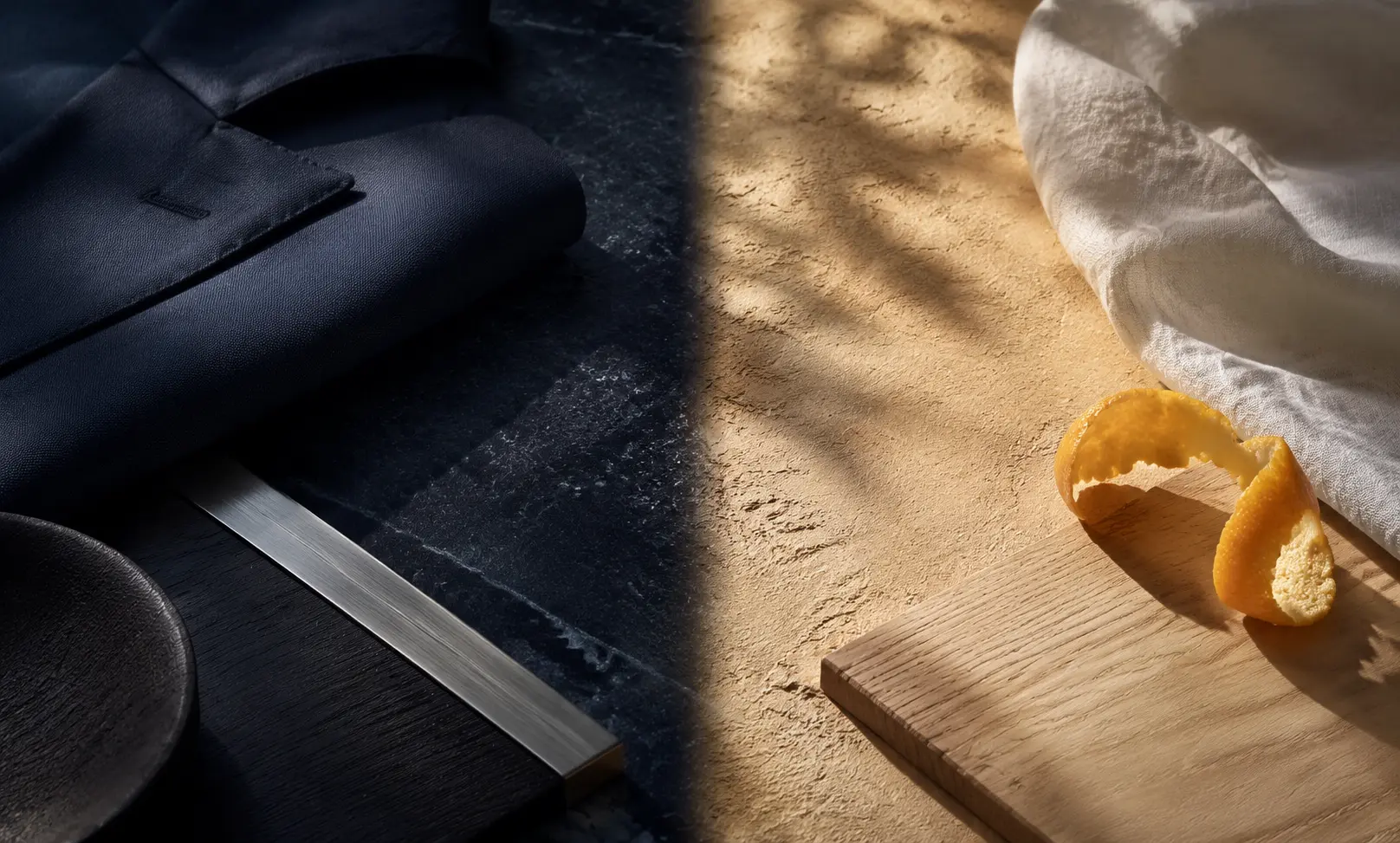 Cinematic comparison of Bleu de Chanel and Missoni Pour Homme through dark tailored luxury and bright fresh everyday style
