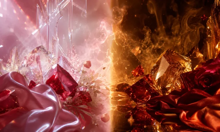 Luxury comparison image representing Armaf Club de Nuit Untold vs Al Haramain Amber Oud Rouge through glowing ruby crystals, warm amber light, soft floral notes, and rich silk textures.