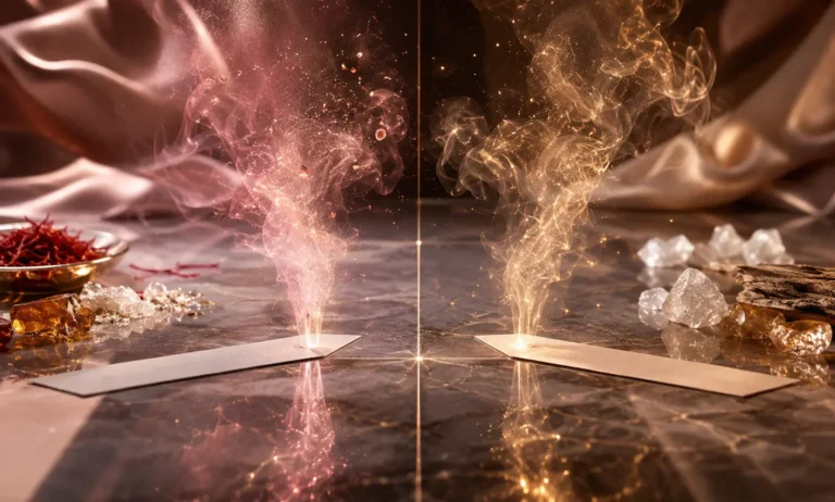 Two perfume blotter strips releasing different rose-gold and amber scent trails, symbolizing why Baccarat Rouge 540 bottles may smell slightly different.