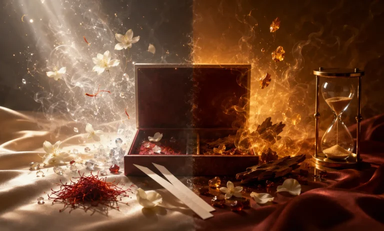Luxury visual representing how Baccarat Rouge 540 may change after opening, with glowing amber tones, airy mist, floral notes, and an hourglass symbolizing time and scent evolution.