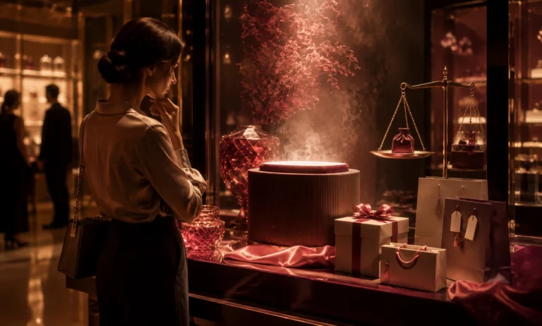 Luxury shopper comparing value and timing in an elegant boutique display, representing whether Baccarat Rouge 540 ever goes on sale