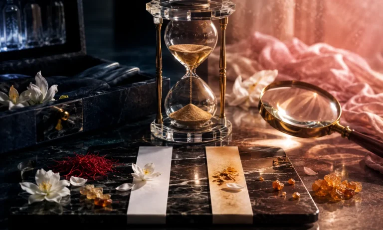Luxurious still-life representing Baccarat Rouge 540 shelf life, with an hourglass, fragrance blotters, amber resin, white flowers, and a magnifying glass symbolizing perfume aging and signs of deterioration.