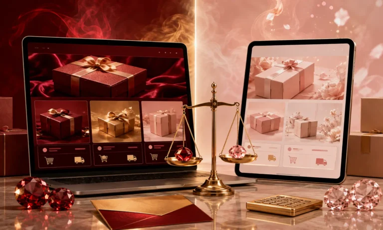Luxury comparison image representing FragranceNet vs FragranceX for Baccarat Rouge 540, showing two online shopping displays, gift-style product presentation, a balance scale, and premium red-and-gold pricing visuals.