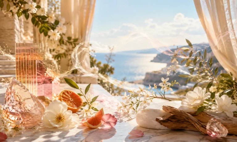 A bright summer-inspired luxury scene representing fresher Baccarat Rouge 540 alternatives, with citrus slices, white flowers, airy woods, glowing crystals, and a breezy sea-view terrace.