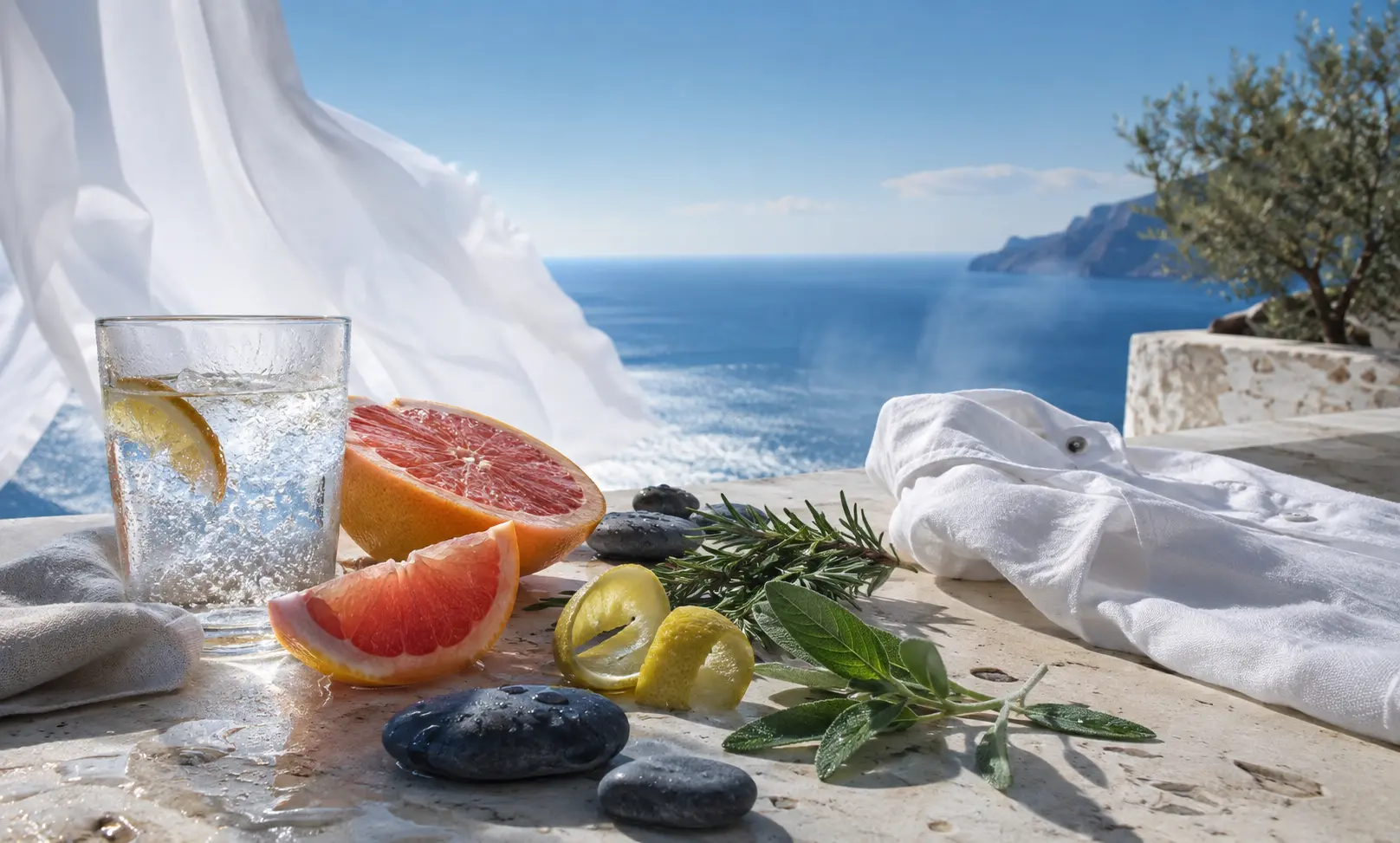 Mediterranean coastal scene with citrus, cool water, herbs, and ocean air representing fresher Bleu de Chanel alternatives for summer