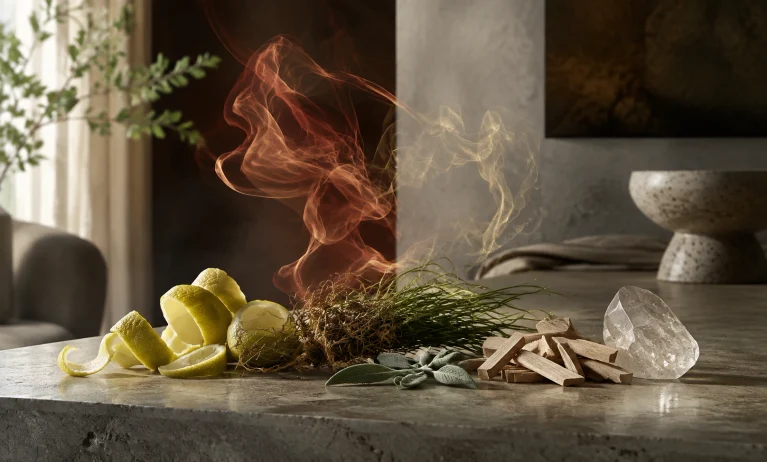 Bergamot, vetiver, sage, dry woods, and mineral crystal representing how to layer Baccarat Rouge 540 without making it too sweet