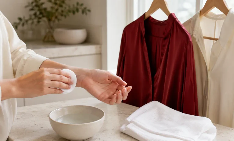 A woman gently removing Baccarat Rouge 540 from her wrist beside silk and cotton clothes being aired