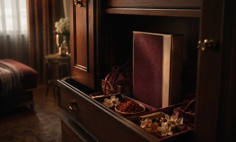 Luxury fragrance storage scene showing a Baccarat Rouge 540-style presentation box kept inside a dark wooden cabinet drawer, representing proper perfume storage away from heat, light, and humidity.