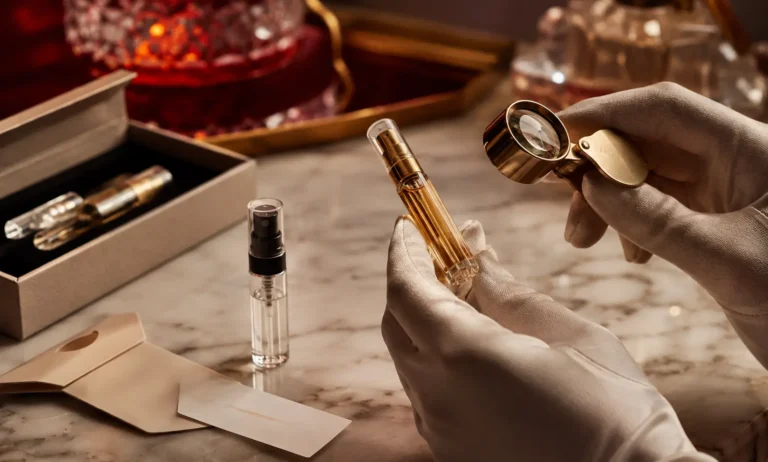 Luxury close-up of a Baccarat Rouge 540 sample being carefully inspected to verify authenticity, with sample vials, elegant packaging, and a magnifying loupe on a refined surface.
