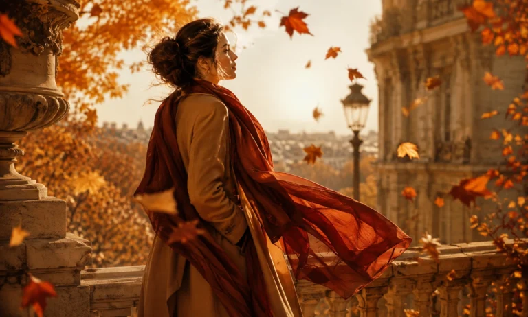 Elegant autumn scene representing Baccarat Rouge 540 in fall with warm golden light, flowing scarf, and falling leaves