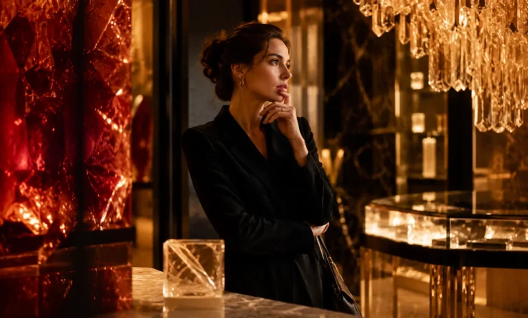 A thoughtful woman in a luxurious crystal boutique considering whether Baccarat Rouge 540 justifies its premium price