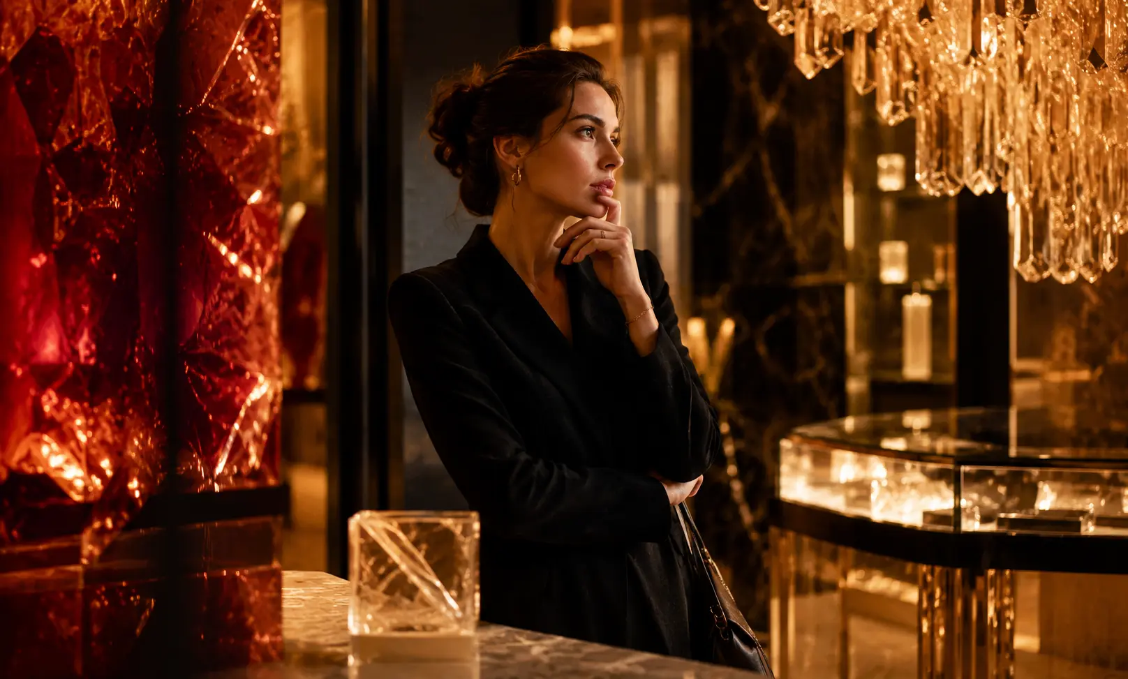 A thoughtful woman in a luxurious crystal boutique considering whether Baccarat Rouge 540 justifies its premium price