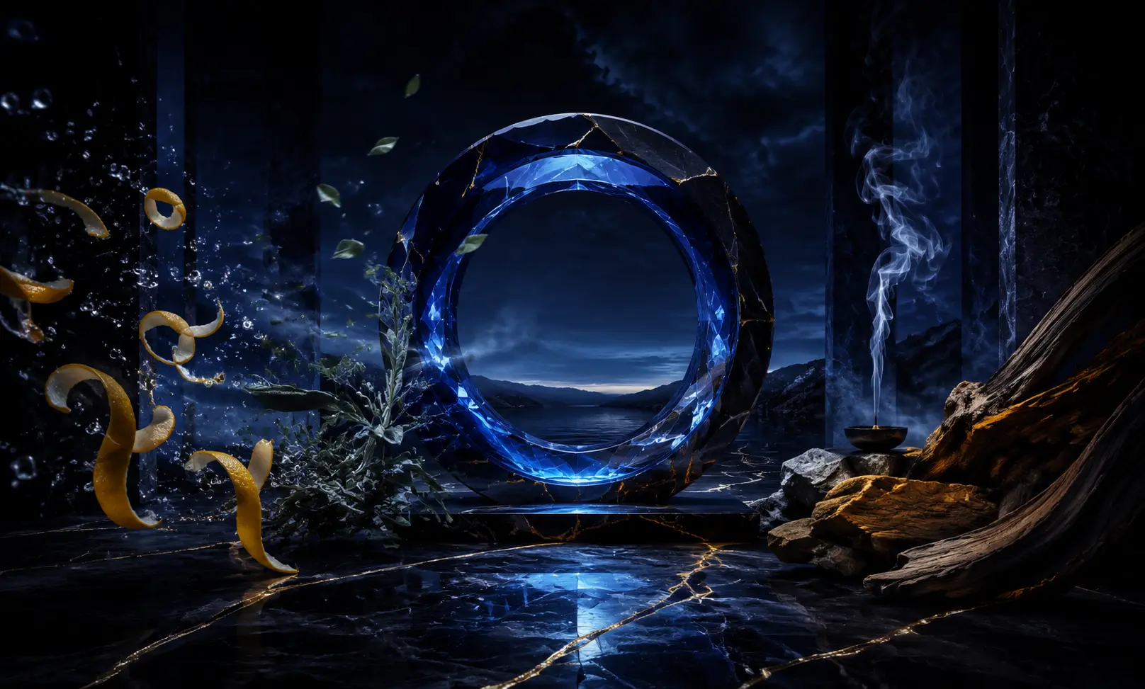 Dark blue luxury scene with fresh citrus, aromatic herbs, polished woods, and incense smoke reflecting the refined character and value of Bleu de Chanel.
