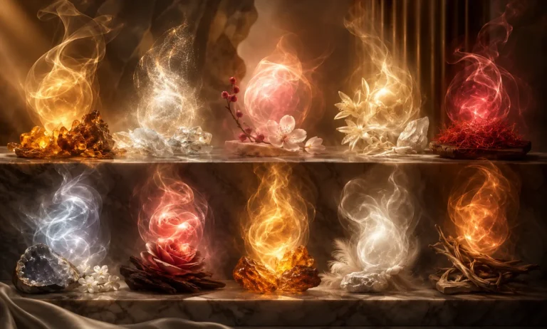 Abstract luxury composition of glowing amber, saffron, florals, woods, and crystal-like elements representing less popular alternatives to Baccarat Rouge 540.