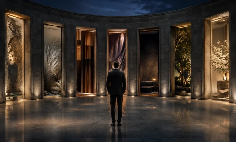 A sophisticated man facing seven refined paths representing more mature and distinctive alternatives to Bleu de Chanel.