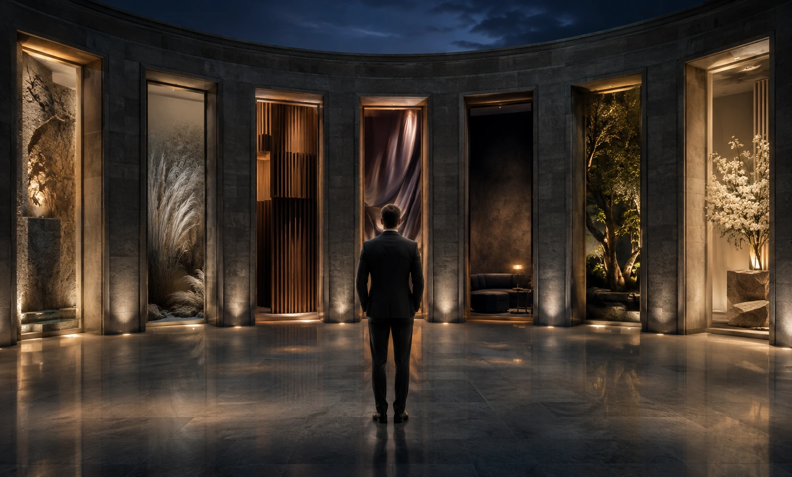A sophisticated man facing seven refined paths representing more mature and distinctive alternatives to Bleu de Chanel.