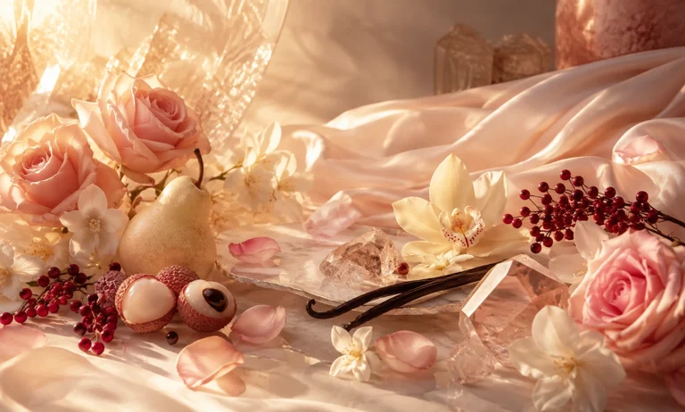 Luxurious floral and fruity composition representing more feminine alternatives to Baccarat Rouge 540, with roses, soft blossoms, lychee, pear, vanilla, and crystal accents.