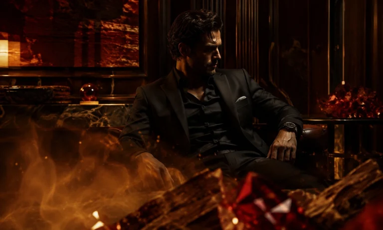 A sophisticated man in a dark luxury setting representing more masculine alternatives to Baccarat Rouge 540 through woody, spicy, and amber-rich character