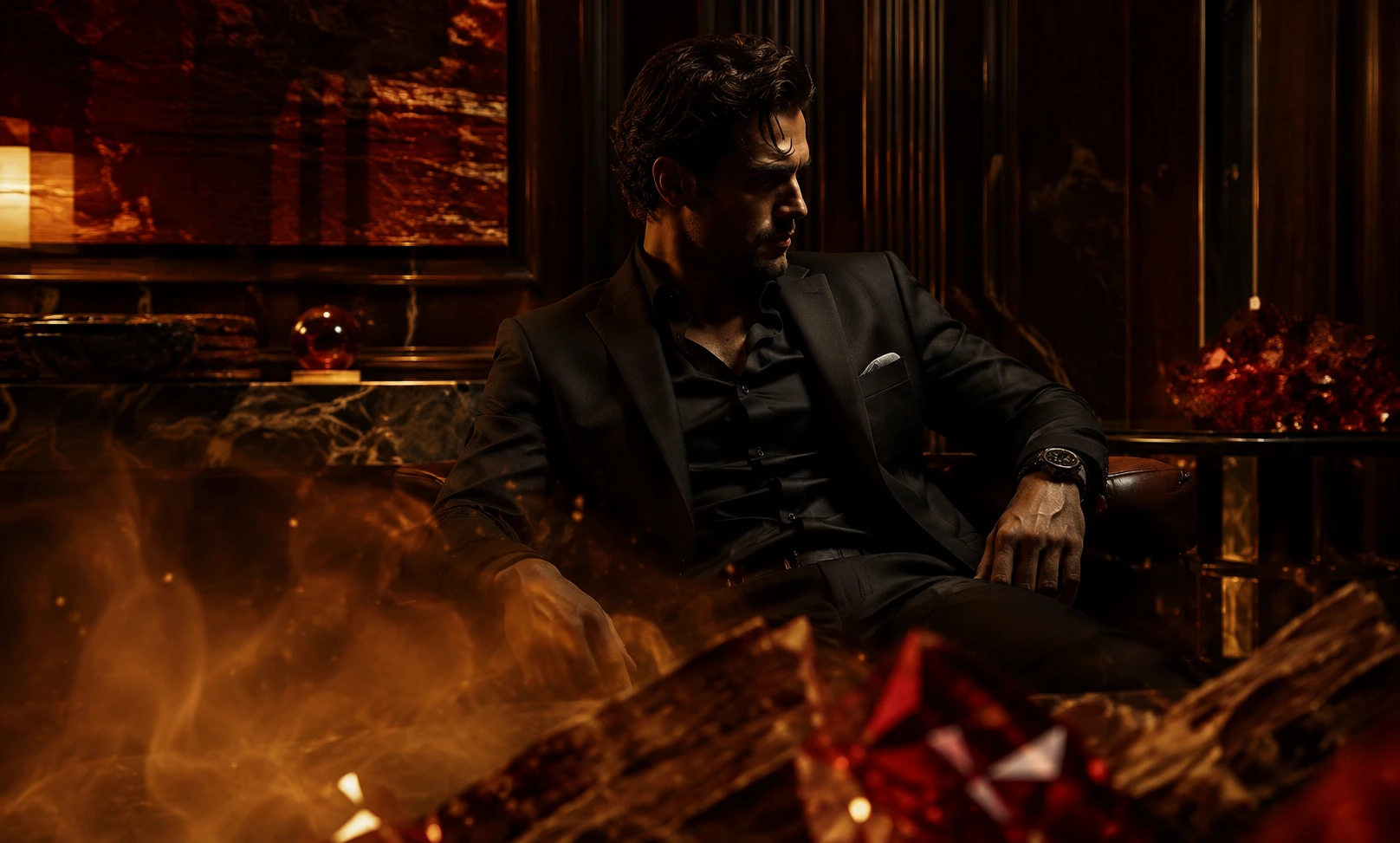 A sophisticated man in a dark luxury setting representing more masculine alternatives to Baccarat Rouge 540 through woody, spicy, and amber-rich character