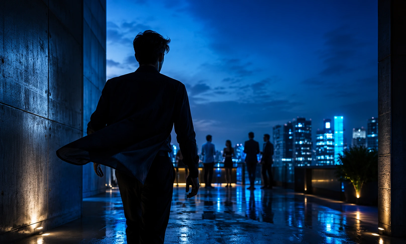 Stylish young man walking toward a vibrant city rooftop at blue hour, representing more youthful and energetic alternatives to Bleu de Chanel.