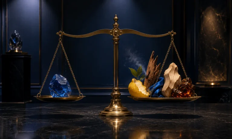 A brass balance weighing one blue crystal against citrus, woods, silk, and amber to represent the value of owning multiple Bleu de Chanel versions.