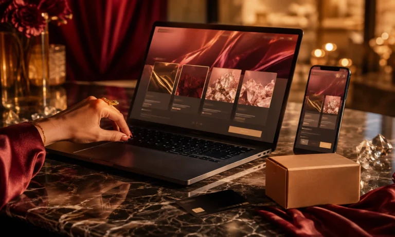 Luxury online shopping scene representing the decision of whether to buy Baccarat Rouge 540 from Amazon, with a laptop, smartphone, payment card, and package in a warm elegant setting.