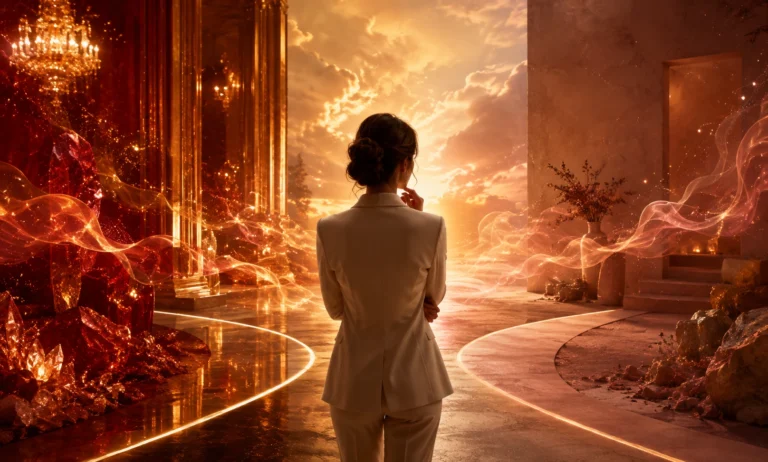 Elegant woman standing at a glowing crossroads between a luxurious amber world and a softer affordable-inspired setting, symbolizing the decision between Baccarat Rouge 540 and a dupe.