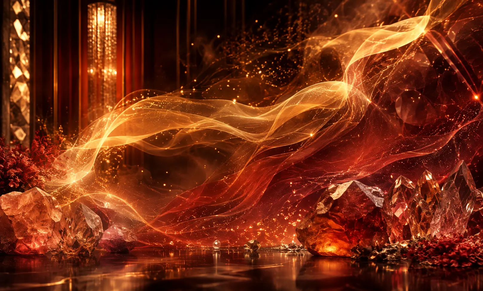 Glowing amber and ruby scent trails representing stronger and longer-lasting alternatives to Baccarat Rouge 540