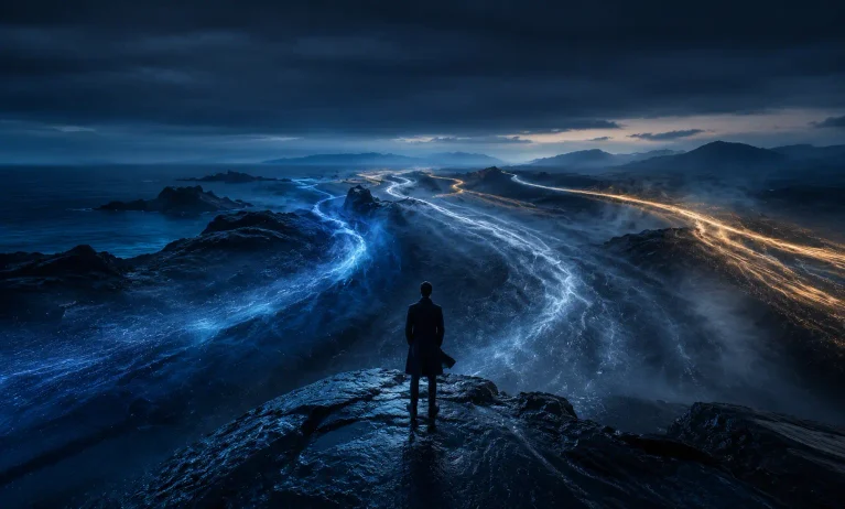 Stronger and longer-lasting alternatives to Bleu de Chanel represented by powerful blue, silver, and amber scent trails extending across a dark coastal landscape.