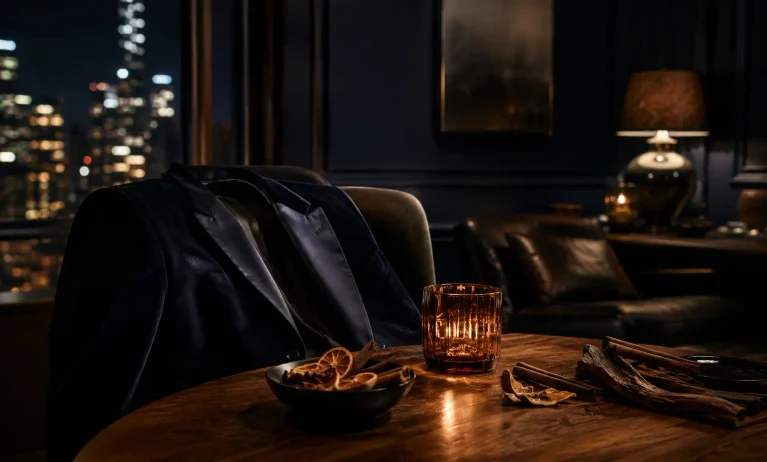 Warm and sophisticated date night atmosphere representing warmer Bleu de Chanel alternatives with amber light, dark woods, and evening elegance