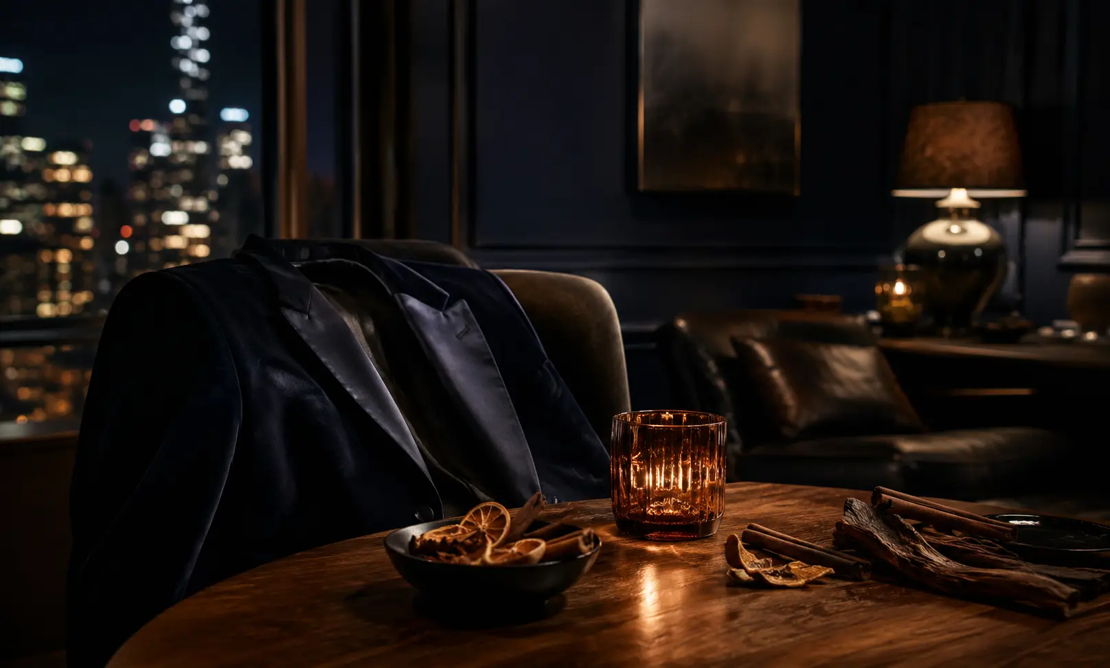 Warm and sophisticated date night atmosphere representing warmer Bleu de Chanel alternatives with amber light, dark woods, and evening elegance