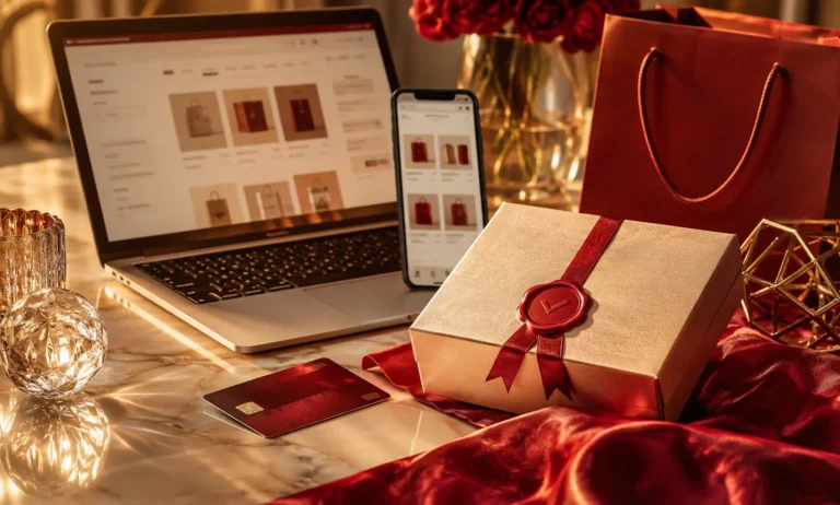 Luxury online shopping scene representing where to buy authentic Baccarat Rouge 540 for less, with a laptop, smartphone, gift box, shopping bag, and payment card in a warm upscale setting.