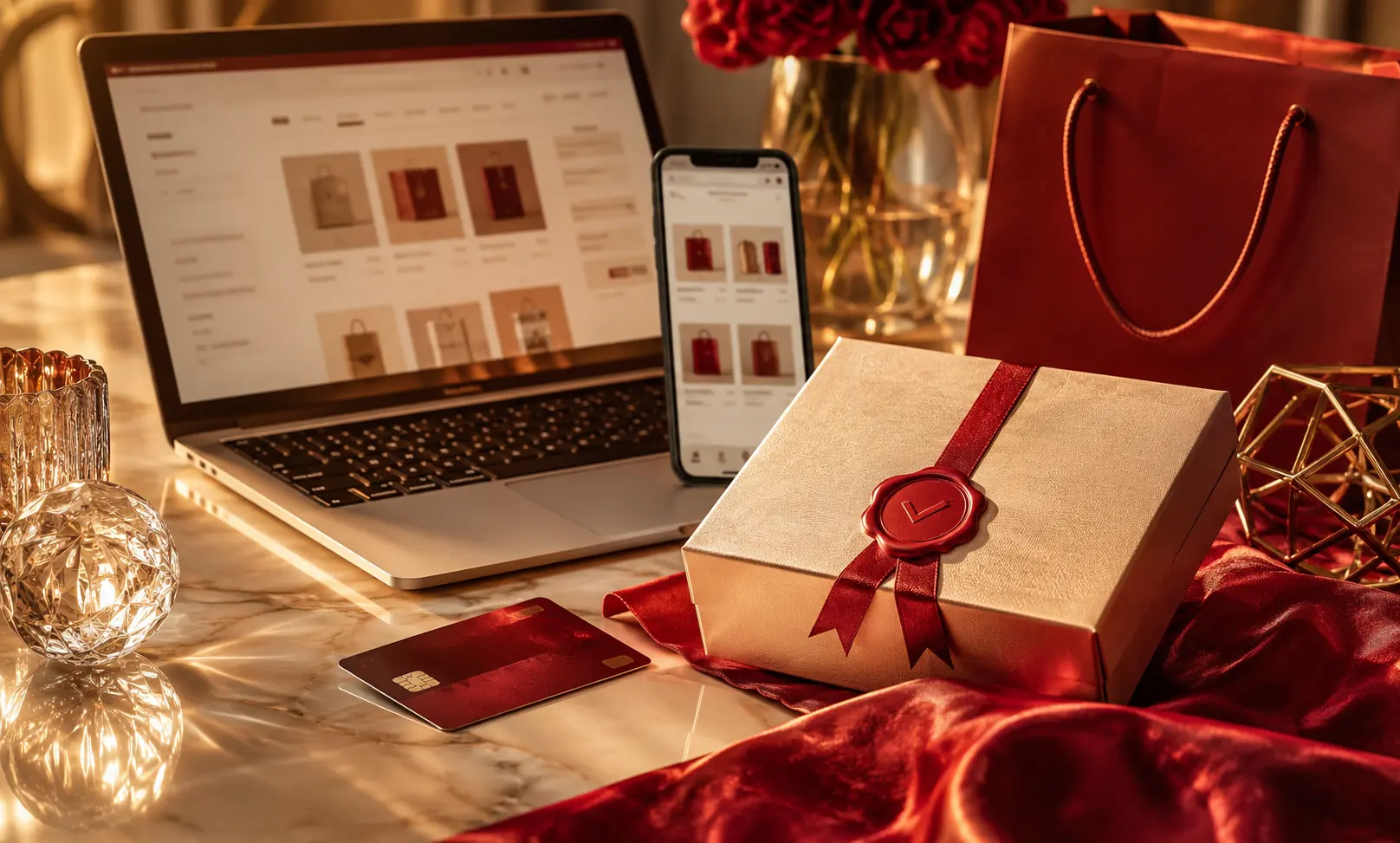 Luxury online shopping scene representing where to buy authentic Baccarat Rouge 540 for less, with a laptop, smartphone, gift box, shopping bag, and payment card in a warm upscale setting.