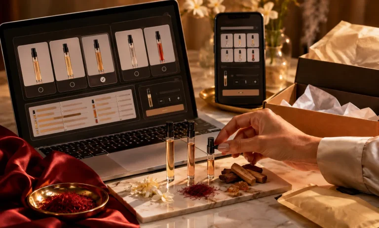 Luxury flat-lay showing Baccarat Rouge 540 sample shopping online with small fragrance vials, a laptop, a phone, shipping packaging, and saffron-inspired details.