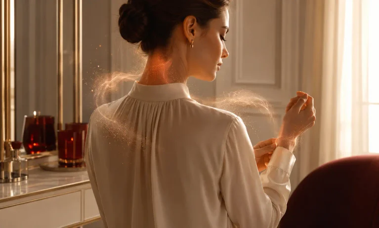 Woman applying fragrance to strategic pulse points around her wrist, neck, and shoulders for balanced Baccarat Rouge 540 projection