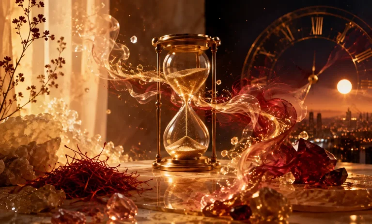Golden hourglass surrounded by saffron, amber crystals, and a lingering scent trail symbolizing the longest-lasting Baccarat Rouge 540 dupes