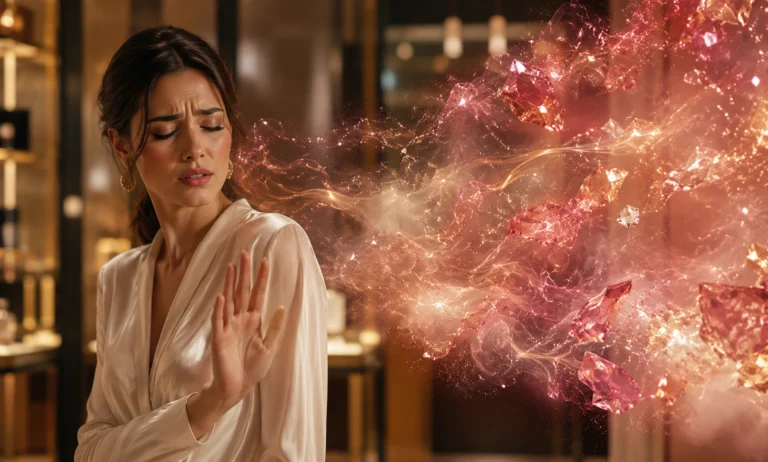 Elegant woman turning away from a glowing pink fragrance cloud, representing who should avoid Baccarat Rouge 540 because of its strong, sweet, and overwhelming scent profile.