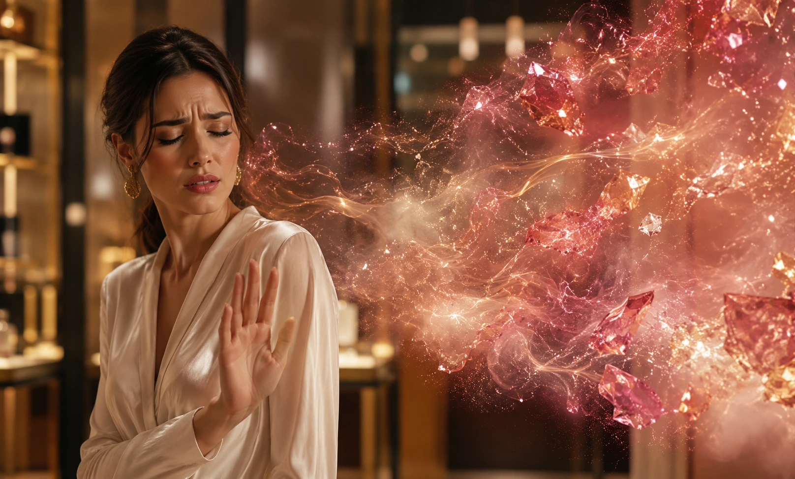 Elegant woman turning away from a glowing pink fragrance cloud, representing who should avoid Baccarat Rouge 540 because of its strong, sweet, and overwhelming scent profile.