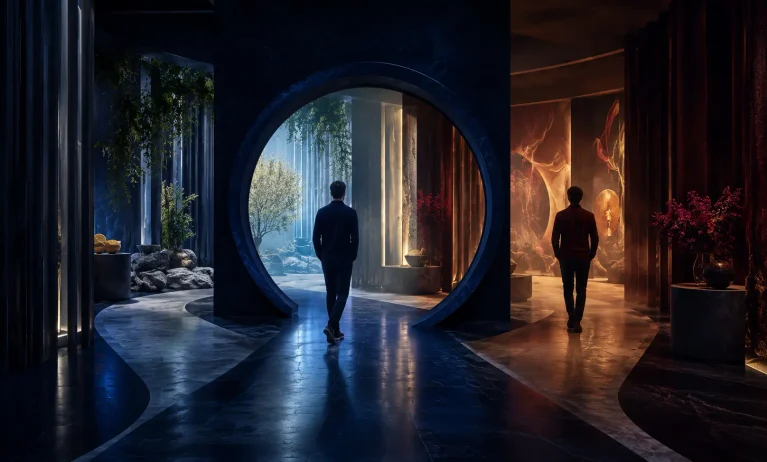 Two men choosing between cool blue and warm amber paths, representing who should buy Bleu de Chanel and who may prefer another fragrance.