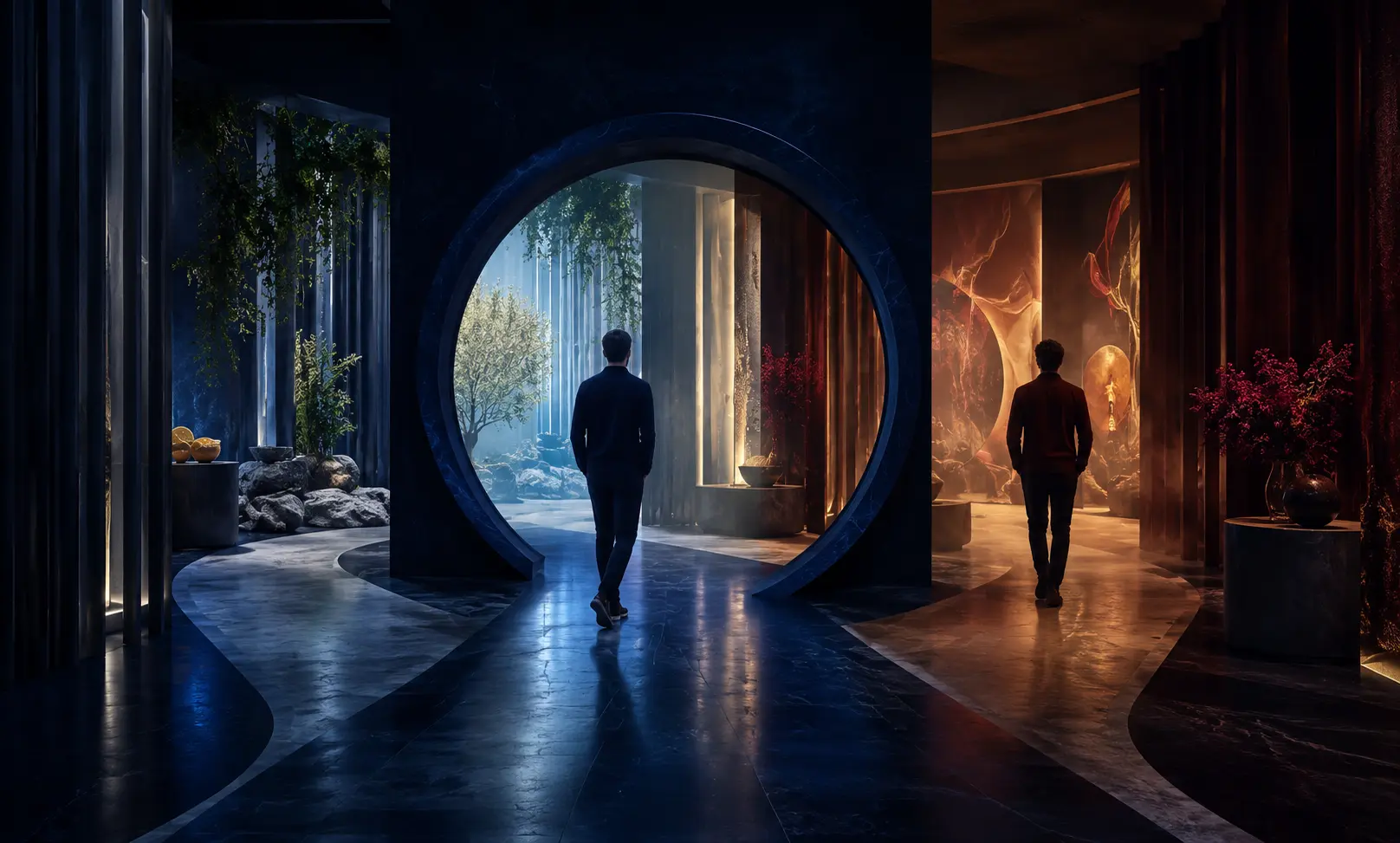 Two men choosing between cool blue and warm amber paths, representing who should buy Bleu de Chanel and who may prefer another fragrance.