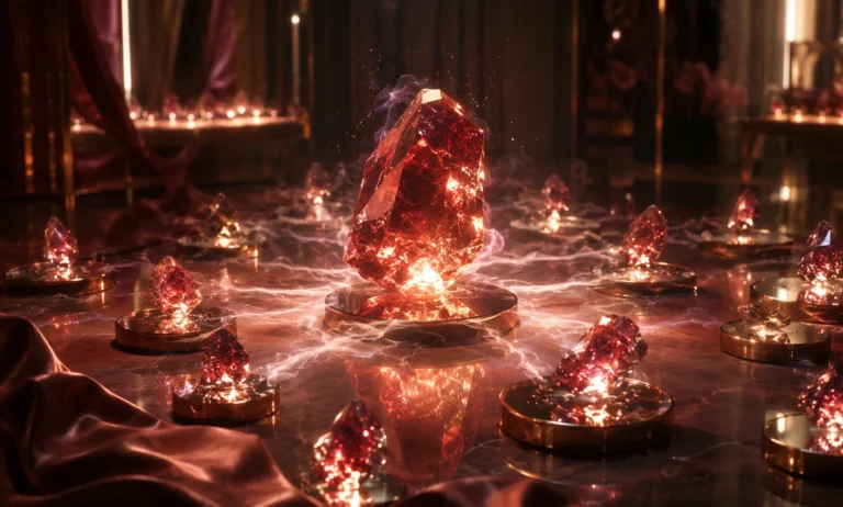 Luxury-inspired scene with a glowing central crystal surrounded by many similar radiant crystal pieces, symbolizing why Baccarat Rouge 540 inspired so many dupes.