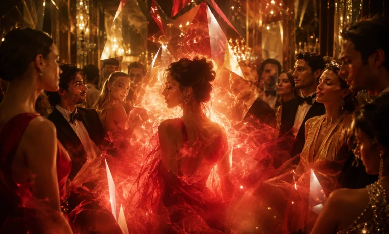 Elegant crowd gathered around a glowing woman in a crystal-lit luxury setting, symbolizing the rise and cultural popularity of Baccarat Rouge 540.